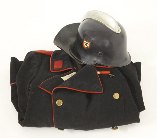 World War II German fire brigade tunic and helmet, made by Carl Henkel Blelefeld. Estimate: £150-200. Sworders Fine Art Auctioneers.