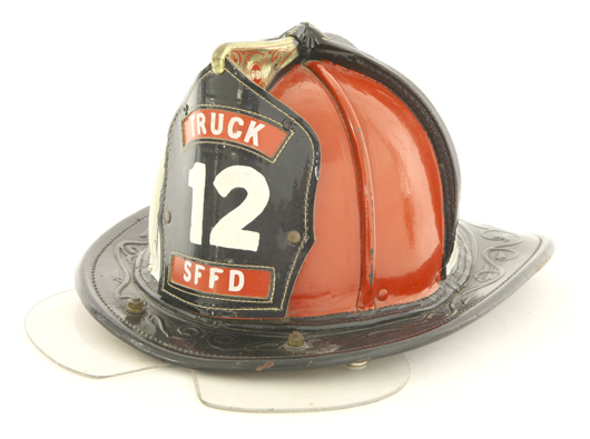 American leather Cairns firefighter's helmet, truck 12 SFFD, San Francisco Fire Department. Estimate: £80-120. Sworders Fine Art Auctioneers.