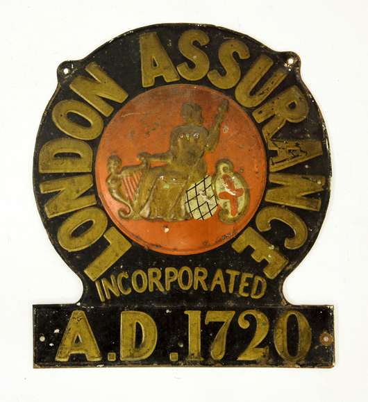 London Assurance fire mark pressed tin, 30 x 25cm (12 x 10 inches), Estimate: £40-60. Sworders Fine Art Auctioneers.