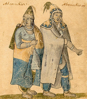 Abenaki couple, an 18th-century watercolor by an unknown artist. Courtesy of the City of Montreal Records Management & Archives, Montreal and Wikimedia Commons.