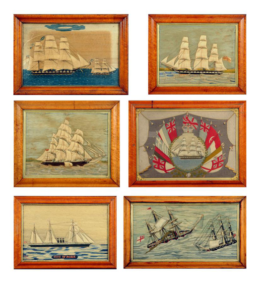 This group of six sailors' woolwork pictures, each in its original maple frame, was discovered during a house call to an old forester's cabin in the New Forest, Hampshire, England. They were sold by Mitchells auctioneers in Cockermouth.