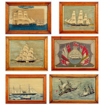 This group of six sailors' woolwork pictures, each in its original maple frame, was discovered during a house call to an old forester's cabin in the New Forest, Hampshire, England. They were sold by Mitchells auctioneers in Cockermouth.