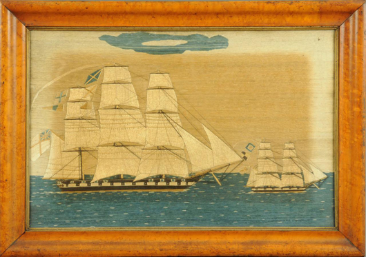 A 19th century handworked sailor's woolwork, a three-masted vessel with variety of flags and with smaller two-masted vessel to front. 17 in x 26 in, in maple frame, circa 1860. Sold for £650