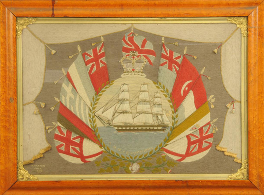 A 19th-century handworked sailor's woolwork, HMS Endymion, with crown and Union Jack above and further flags to left and right, signed 'T. Maxted July 1869.' 16 in x 24 in, in gilt slip with maple frame. Sold for £260