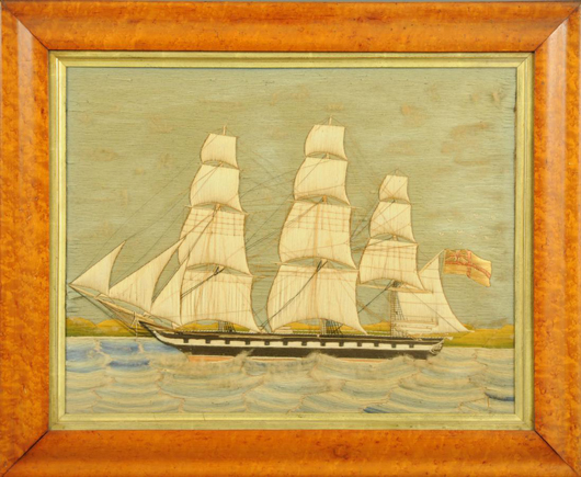 A 19th-century handworked sailor's woolwork, three-masted sailing vessel with ensign and gulls behind, circa 1870. 16 in x 23 in, in maple frame. Sold for £750