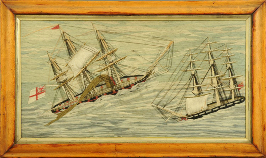 A 19th-century handworked sailor's woolwork, two vessels in stormy sea. 12 in x 23 in, circa 1870, in maple frame. Sold for £420