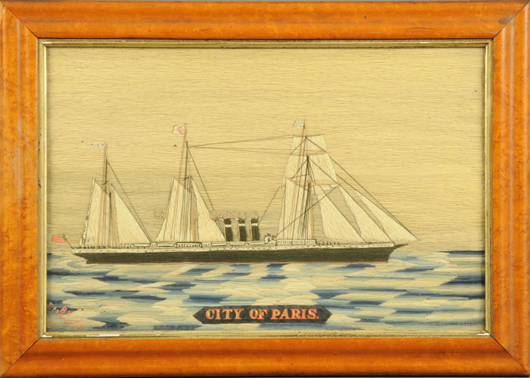 A 19th-century handworked sailor's woolwork, steam and three-masted sailing vessel 'City of Paris.' 11 in x 16 in, framed, signed 'T. Maxted,' in maple frame. Sold for £520