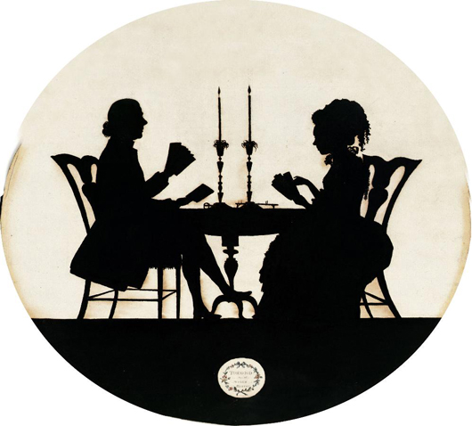 This delightful silhouette by the highly sought-after Francis Torond dates from 1784 and depicts James and Florence Lowther playing cards at their home, Wellwood Manor, in Shrewsbury, Shropshire, England. Its detail helped it sell for a record £9,400.