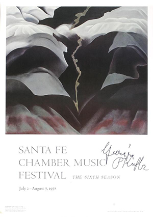 Signed Georgia O'Keeffe 'Black Place III' offset lithograph, an original exhibition poster for the Santa Fe Music Festival. Image courtesy of LiveAuctioneers.com archive and Rare Posters.