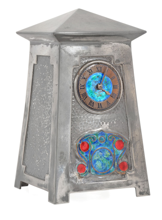 Archibald Knox for Liberty & Co., an English Pewter and enamel clock, model no. 0629. Estimate: £1,500-£2,000. Dreweatts & Bloomsbury Auctions image.