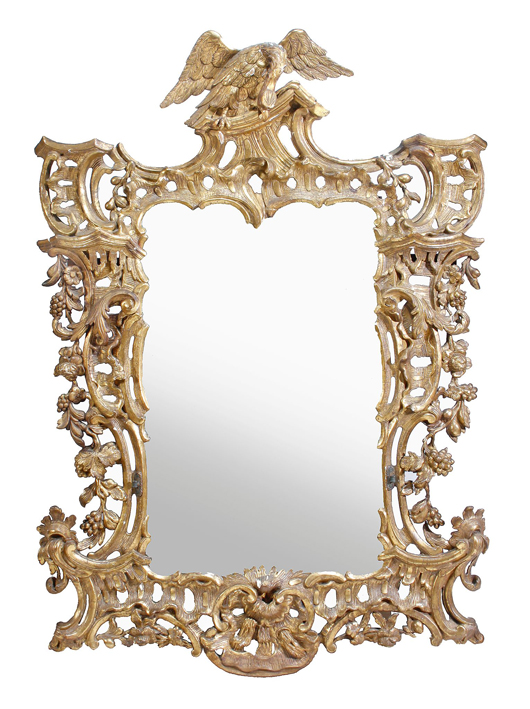 Carved giltwood framed wall mirror in George III style, 19th century, in the manner of Thomas Chippendale. Estimate: £2,000-£3,000. Dreweatts & Bloomsbury Auctions image.