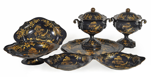 Victorian black japanned and parcel gilt metal table service, circa 1860. Estimate: £2,500-£3,000. Dreweatts & Bloomsbury Auctions image.