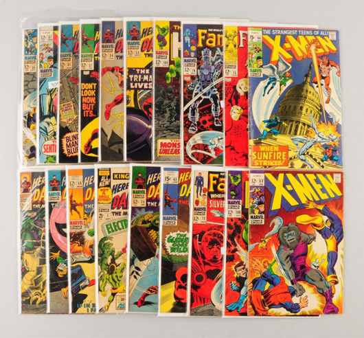 Selection of Silver Age Marvel comic books, including such titles as Daredevil, X-Men and Captain America. Est. $100-$200. Morphy Auctions image