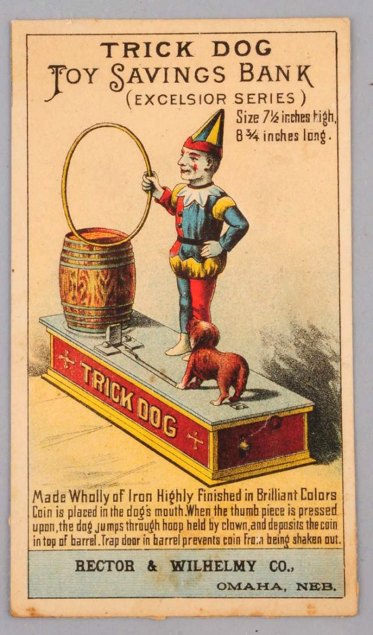 Antique trade card advertising Trick Dog mechanical bank. Est. $100-$200. Morphy Auctions image