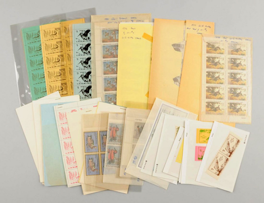 Collection of American hunting, fishing, quail and duck stamps from the 1960s, 70s, 80s; total face value of $785. Est. $800-$1,200. Morphy Auctions image