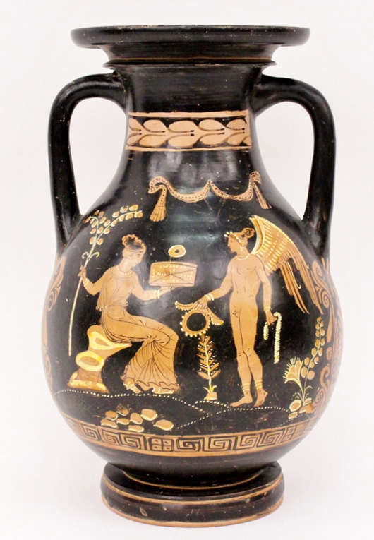 Greek double-handled Pelike vase with red figures on each side, accented in cream and black, 13 1/2 inches tall. Price realized: $6,500. Ahlers & Ogletree image.