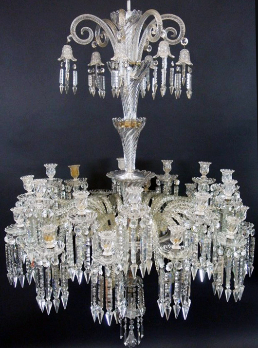 Magnificent monumental 24-light turn of the 20th century Baccarat crystal chandelier. Measures 55in high, 36in diameter. Estimate $20,000-$30,000. No reserve. Don Presley Auctions image