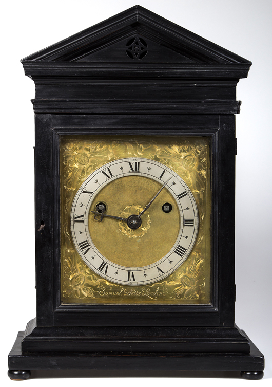 The Samuel Betts (London, active 1645-1673) ebonized bracket clock, circa 1660-1665, realized $109,250. The winning Australian buyer won the clock through LiveAuctioneers in a heated battle against seven phone bidders and numerous other Internet bidders. Jeffrey S. Evans & Associates image.