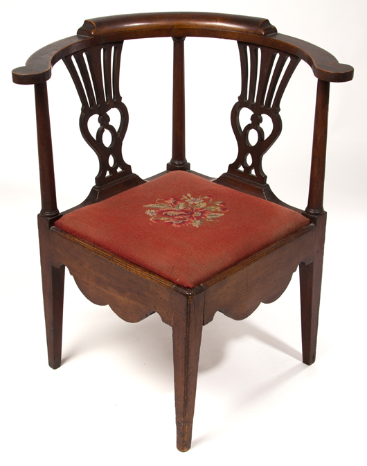 The circa 1785-1795 mahogany transitional Chippendale corner or smoking chair from the Petersburg, Va., area, sold for $16,100 against the $5,000-$8,000 estimate. Jeffrey S. Evans & Associates image.