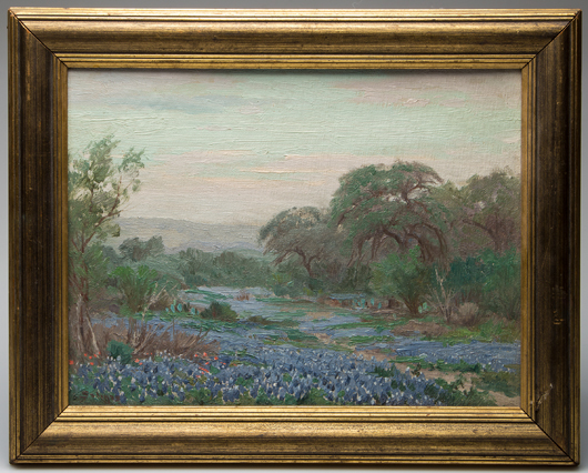 A fine Porfirio Salinas landscape painting measuring only 8 1/2 x 11 1/2 inches sold for $8,050. Jeffrey S. Evans & Associates image.