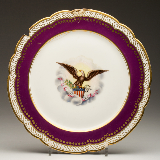 A Limoges dinner plate from the Lincoln White House sold to a descendant of Mary Todd Lincoln for $9,200, even though the rim had sustained significant damage in one area. Jeffrey S. Evans & Associates image.