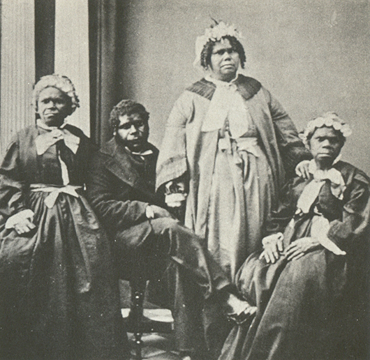 Picture of the last four full-blood Tasmanian Aborigines, circa 1860s. Image courtesy of Wikimedia Commons.