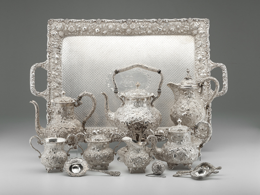 Sterling repousse tea and coffee service by the Loring Andrews Co. Estimate: $10,000-$15,000. Cowan's Auctions Inc. image.