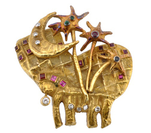 Gem set clip brooch by Afro Basadella for Masenza, circa 1950. Estimate: £1,200-1,500. Dreweatts & Bloomsbury Auctions image.