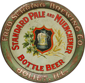 Serving tray for Fred Sehring Brewing Co., Joliet, Ill., advertising 'Standard Pale and Muenchener bottle Beer.' Image courtesy of LiveAuctioneers Archive and Victorian Casino Antiques