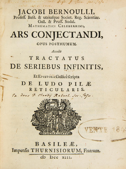 Jakob Bernoulli ‘Ars Conjectandi, Opus Posthumum.’ Sold for £9,300. Dreweatts & Bloomsbury Auctions image.