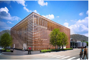 The New Aspen Art Museum will be located at the cor­ner of South Spring Street and Hyman Avenue in down­town Aspen. Rendering cour­tesy of Shigeru Ban Architects and Shimahara Illustration.