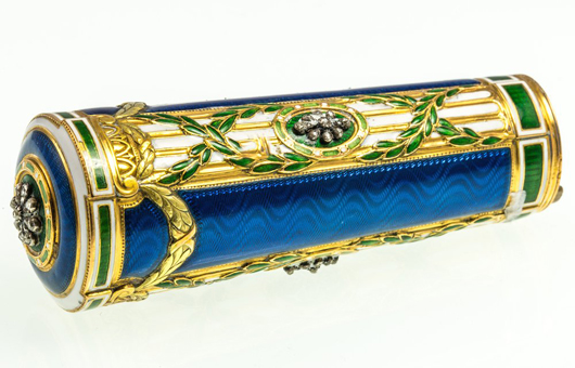 Cartier Belle Epoque gold and diamond parasol handle with white and blue guilloche enamelwork and carved gold swag detail. Auction Zero image