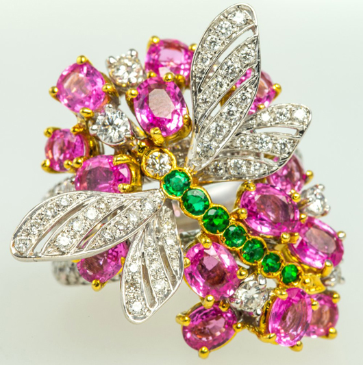 Chantecler (Island of Capri) diamond, pink sapphire and green gemstone dragonfly ring. Total diamond weight 1.50cts. Auction Zero image