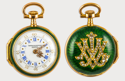 Front/back views of Patek Philippe gold, enamel and diamond-set fob watch with dark green guilloche enamel back. Provenance: Lord Curzon of Kedelston, Viceroy of India. Auction Zero image