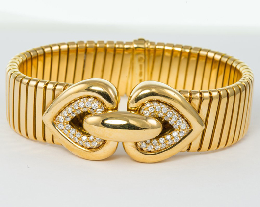 Bulgari diamond bracelet, Tubogas band with center double-heart motif of pave-set diamonds. Auction Zero image