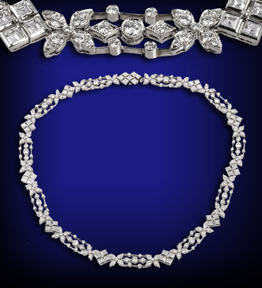 Platinum and diamond necklace by Tiffany and Co., articulated geometric and floral-motif links set with circular- and square-cut diamonds (as shown in closeup), gross weight 50 grams. Auction Zero image