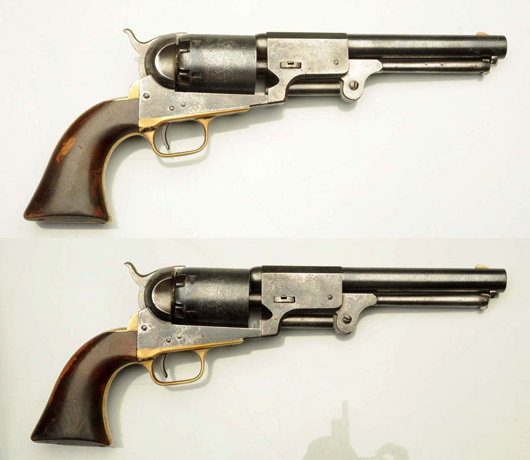 Pair of 1857 Colt Walker Type 3 Dragoons, consecutive numbers, purchased by a Pennsylvania man who later served in an Ohio regiment in the Civil War, est. $45,000-$60,000. Morphy Auctions image