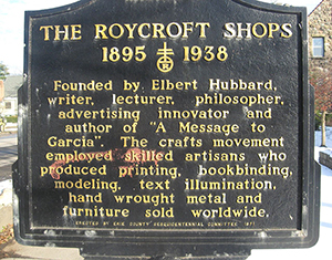 Landmark sign in East Aurora, NY, denoting location of The Roycroft Shops founded by Elbert Hubbard. Photo by Manda L Isch.