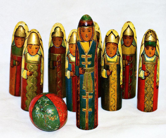 A set of painted wooden skittles and ball, circa 1900. Photo: Iconosta