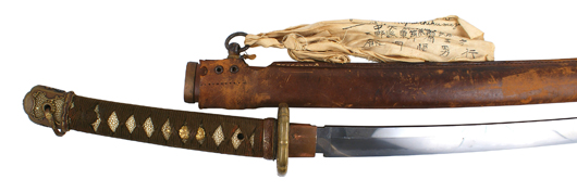 Japanese Yasukuni shrine sword with tang signed 'Yasunori' and inscribed 'A Lucky Day in March 1941' ($5,625). Mohawk Arms image