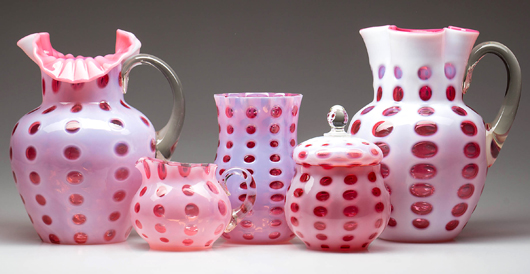 Rare Polka Dot pattern cranberry opalescent glass from the Nellans collection. Jeffrey S. Evans image