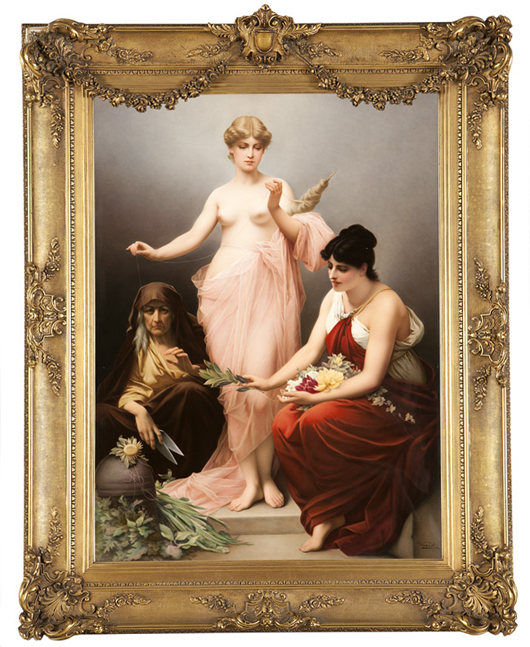 A visually arresting Berlin KPM plaque featuring the Three Fates set the record for this plaque image and size, realizing $36,000. John Moran image