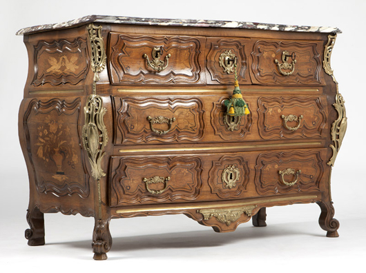 Fresh to the market from a private Las Vegas, Nev., collection, this late 18th-century French provincial gilt bronze-mounted walnut commode found a new home for $22,050 (estimate: $8,000 - $12,000). John Moran image