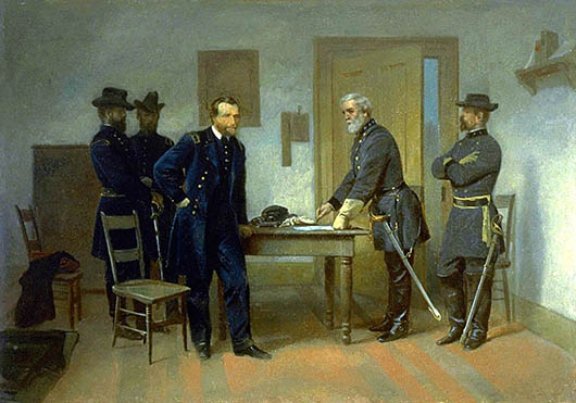 Lee Surrendering to Grant at Appomattox / Alonzo Chappel (American, 1828-1887), 'Lee Surrendering to Grant at Appomattox,' circa 1870, oil on paperboard. Smithsonian American Art Museum, gift of Nancy L. Ross in memory of Patricia Firestone Chatham. Image courtesy of the National Portrait Gallery, The Smithsonian