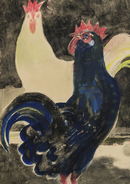 Hans Christoph Drexel (German, 1886- 1979) Untitled (Chickens), watercolor and gouache on paper. Est. $1,000-1,500. Material Culture image