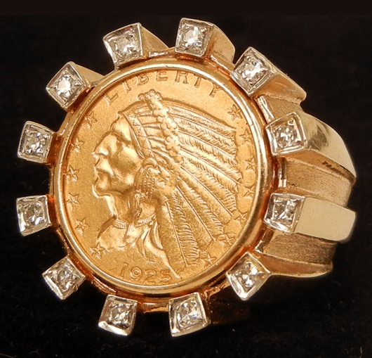 Men’s 14K gold ring featuring a 1925 2-1/2 dollar Indian-head gold coin surrounded by 12 prong-set round diamonds, est. $700-$1,200. Stephenson’s Auction image