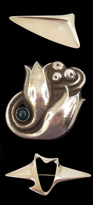 Three sterling silver Georg Jensen brooches, each estimated at $200-$400. Stephenson’s Auction image