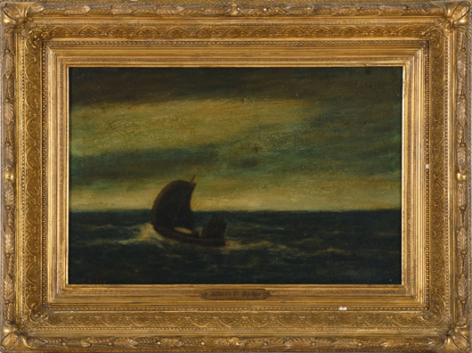 A desolate marine painting by American romantic visionary painter Albert Pinkham Ryder (1847-1917) is estimated at $30,000-$40,000, and accompanied by documented provenance and radiography report. Case Antiques image