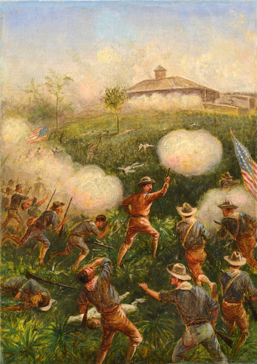 An oil on canvas painting of Teddy Roosevelt storming San Juan Hill by American illustrator and Roosevelt friend William de la Montagne Cary (American, 1840-1922), one of several military-themed artworks in the auction, is estimated at $2,000-$2,500. Case Antiques image