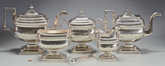 Federal coin silver tea and coffee service by Charles Burnett  (1769-1849, Alexandria, Va./Georgetown, DC), one of several silver tea services in the auction. Estimate: $8,000-$10,000. Case Antiques image